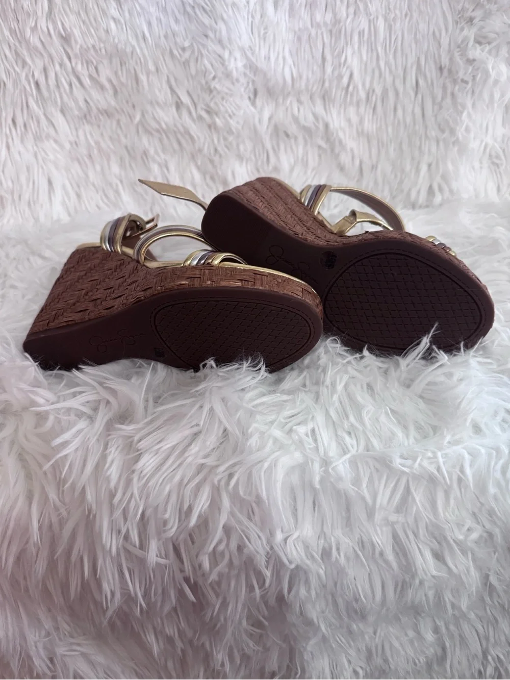 Jessica Simpson Gold and Metallic Multi-Stripe Wedge Sandals - Picture 3 of 3